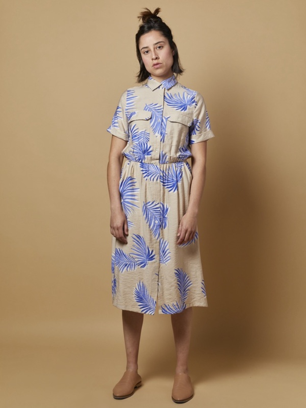 FRNCH Vintage Audelle Dress with Blue Palm Print